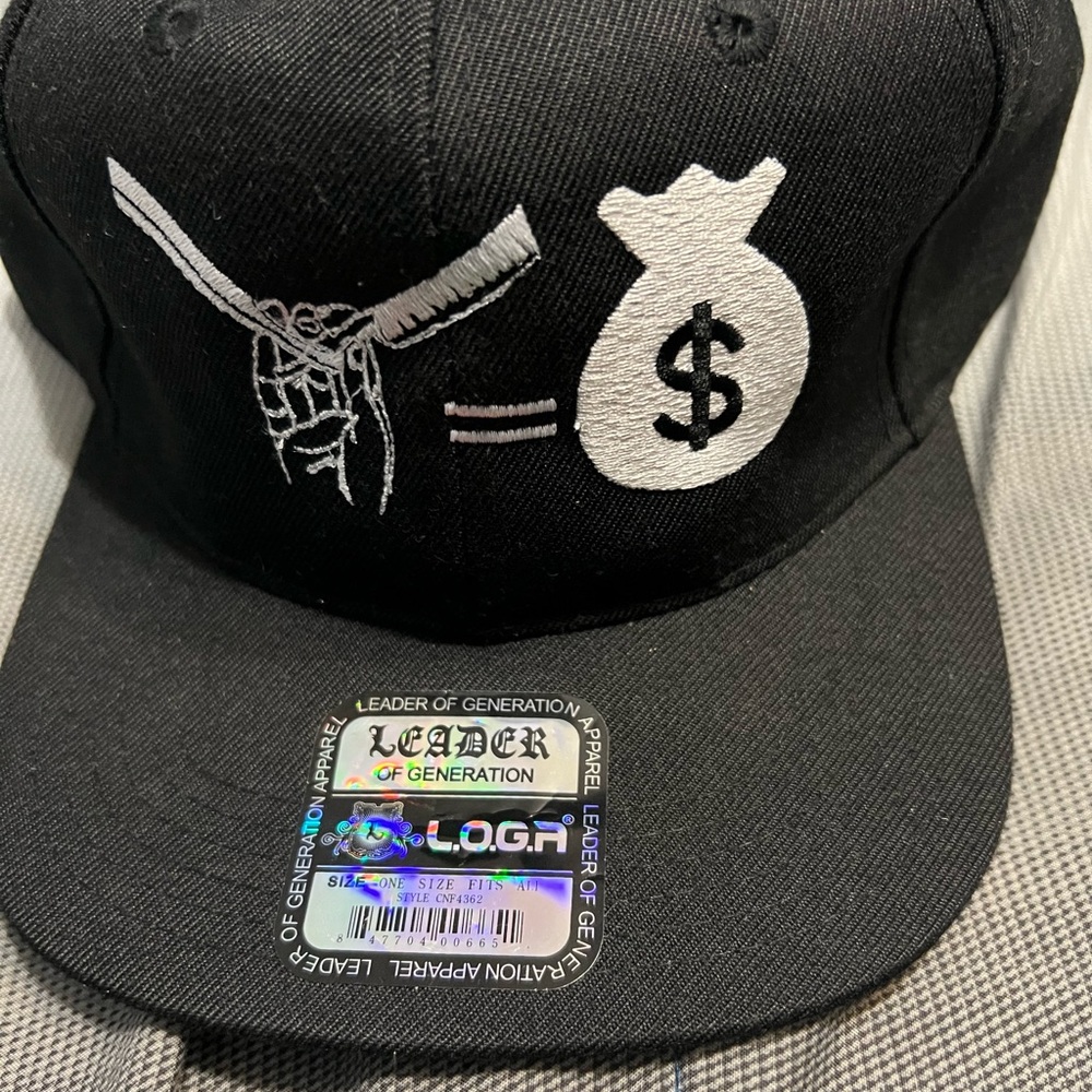 Black Snapback Hat with White Money Bag Graphic